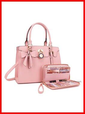 Vegan Leather Satchel Handbag & Wallet Set w/ RFID Blocking, Top Handle